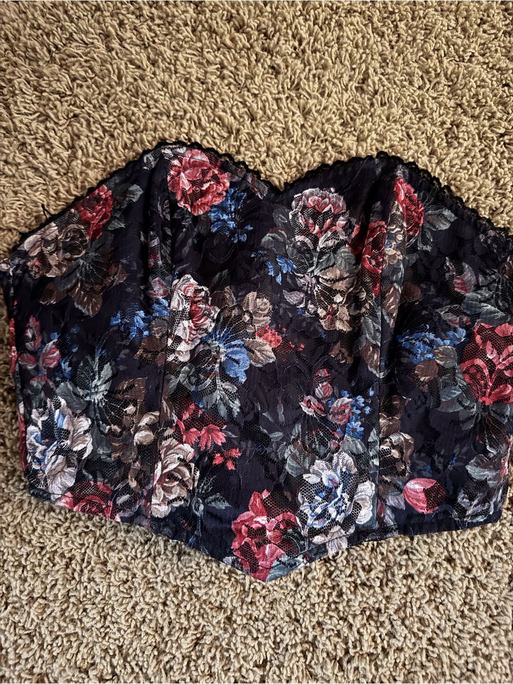 Strapless Floral Lace Bustier Bodysuit - Black with Red & Blue Flowers